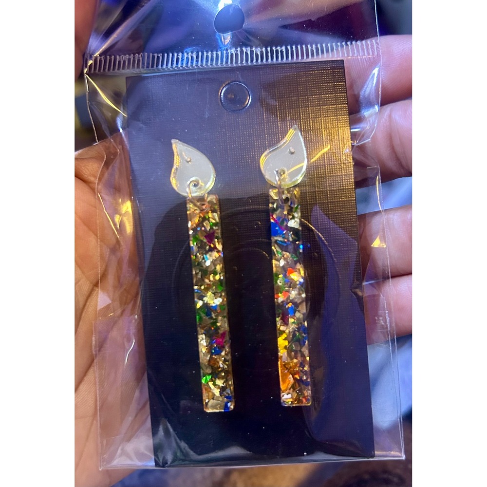 Multi Color Confetti Glitter Birthday Candle Dangle Earrings Silver Tone Studs